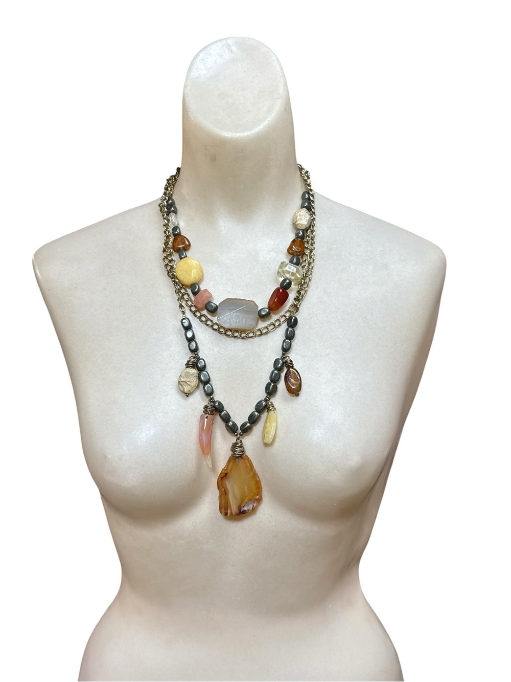 Vintage Y2K Layered Agate Slice Mixed Stone Boho Festival Statement Necklace 23”